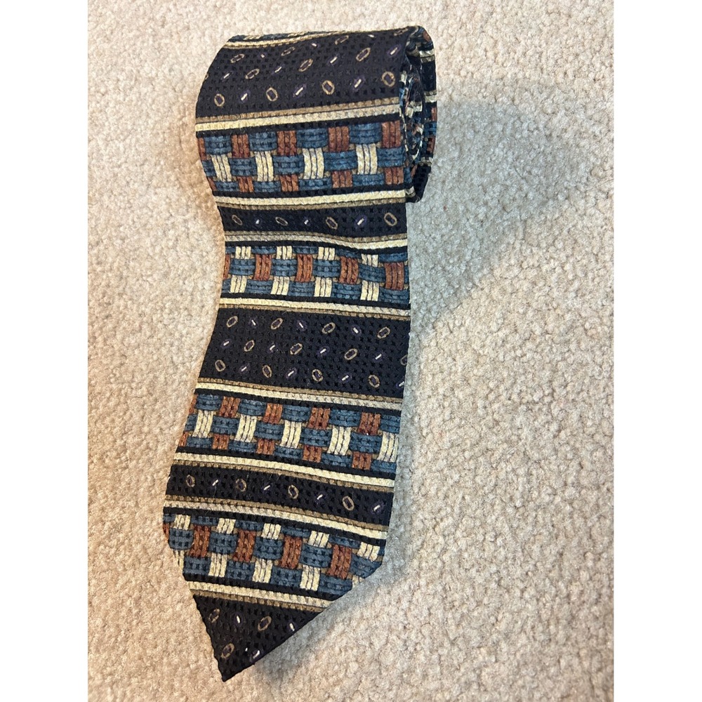 Surrey Mens‎ Silk Blend Tie Geometric Pattern Blue Brown Gold Woven Texture
